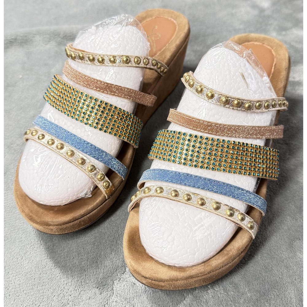 Azura Sandals Womens Size 9 Multicolor Rhinestone Studded Wedge‎ Slide Shoes